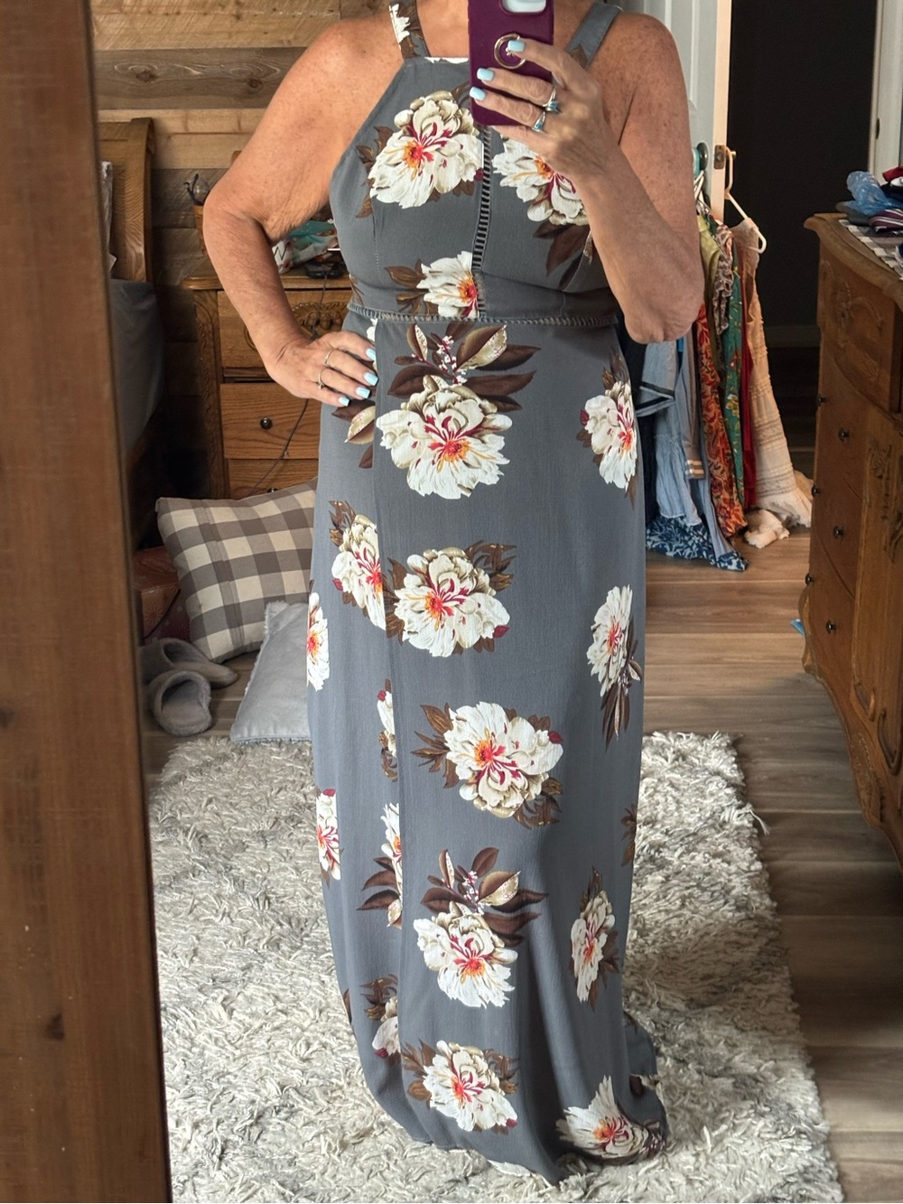 Floral Halter Maxi Dress in Gray